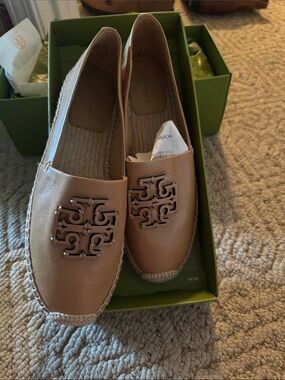 Tory Burch Tan Leather Logo Espadrille Flats